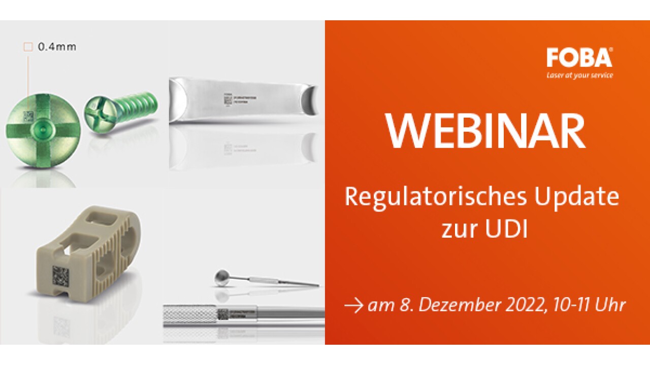 Jetzt anmelden: https://page.fobalaser.com/FOBA-WBN-UDI-Update-2022-DE_Registration-Extern.html?utm_source=swiss-medtech&utm_medium=buyers-guide&utm_campaign=webinar