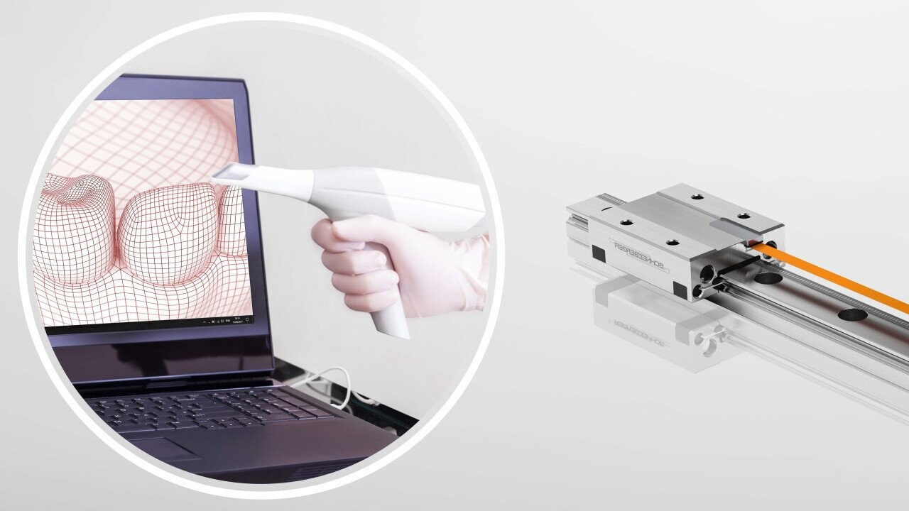 Miniature guideway with integrated path length measuring system in dental scanner