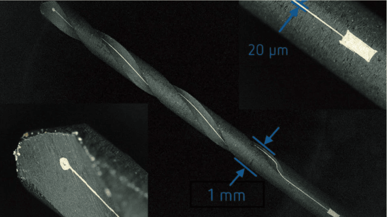 Feinste gedruckte Strukturen in der Nut eines Bohrers, der einen Durchmesser von nur 1 mm hat