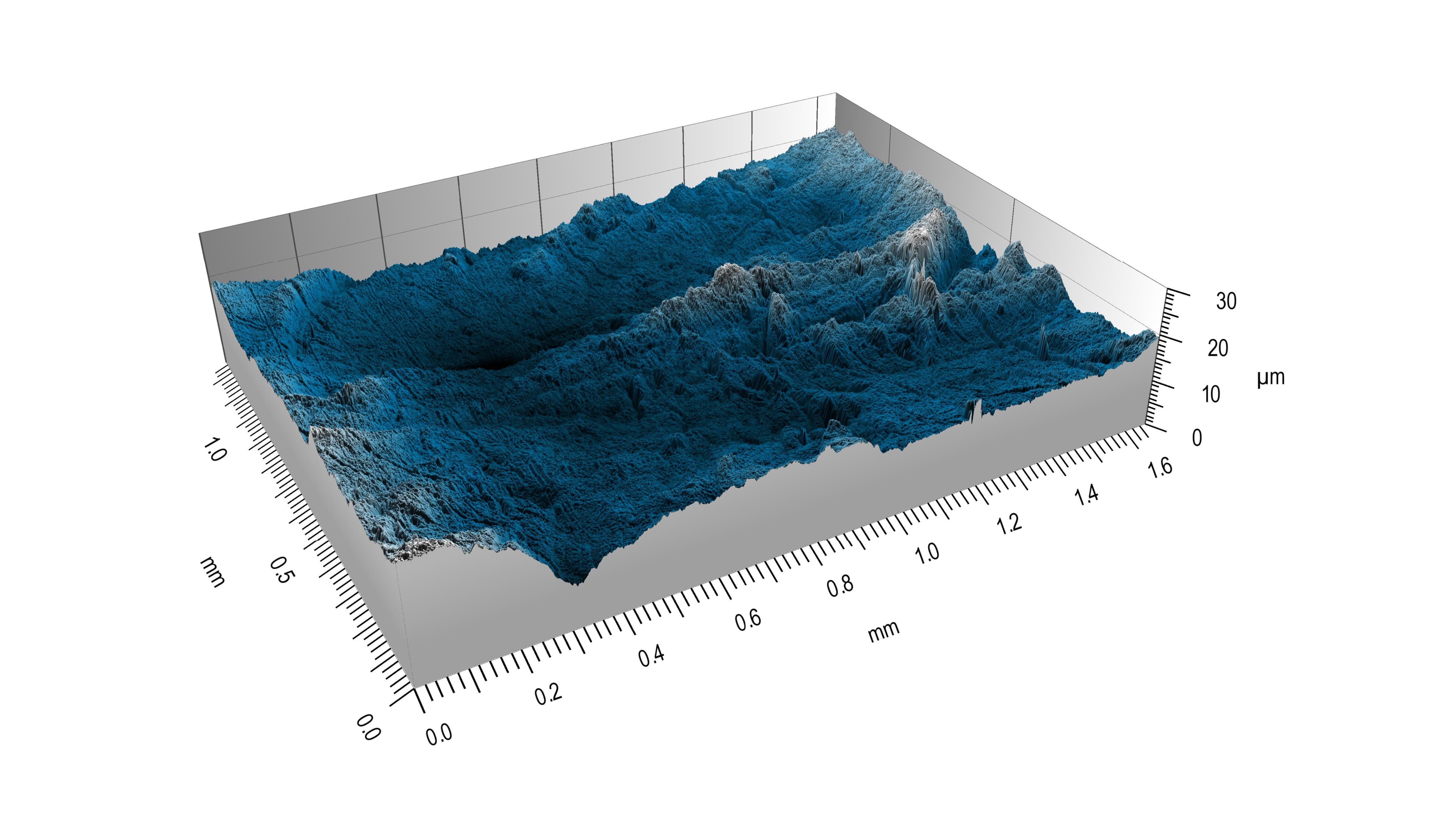 Bild 1: Topographie eines Polymerimplantats: zerkratztes Explantat mit Drittkörperverschleiss