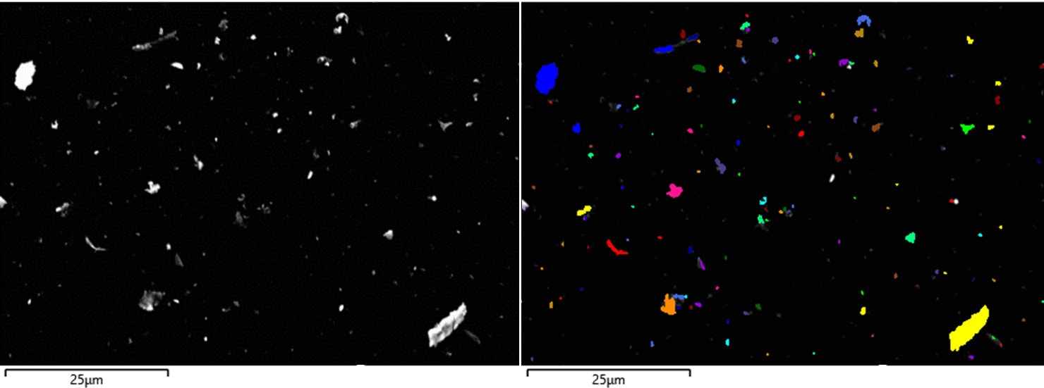REM-Aufnahme von Partikeln (links) und farbliche Kennzeichnung der einzeln analysierten Partikel.