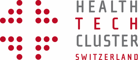 Logo des Health Tech Cluster Switzerland. Links eine stilisierte Punktgrafik in Form eines Kreuzes, daneben der Schriftzug „HEALTH TECH CLUSTER SWITZERLAND“ in Grau und Rot.