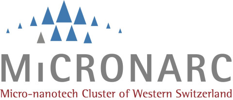 Logo von Micronarc. Der Schriftzug „MICRONARC“ in Grau mit blauen Dreiecken darüber, darunter der Text „Micro-nanotech Cluster of Western Switzerland“.