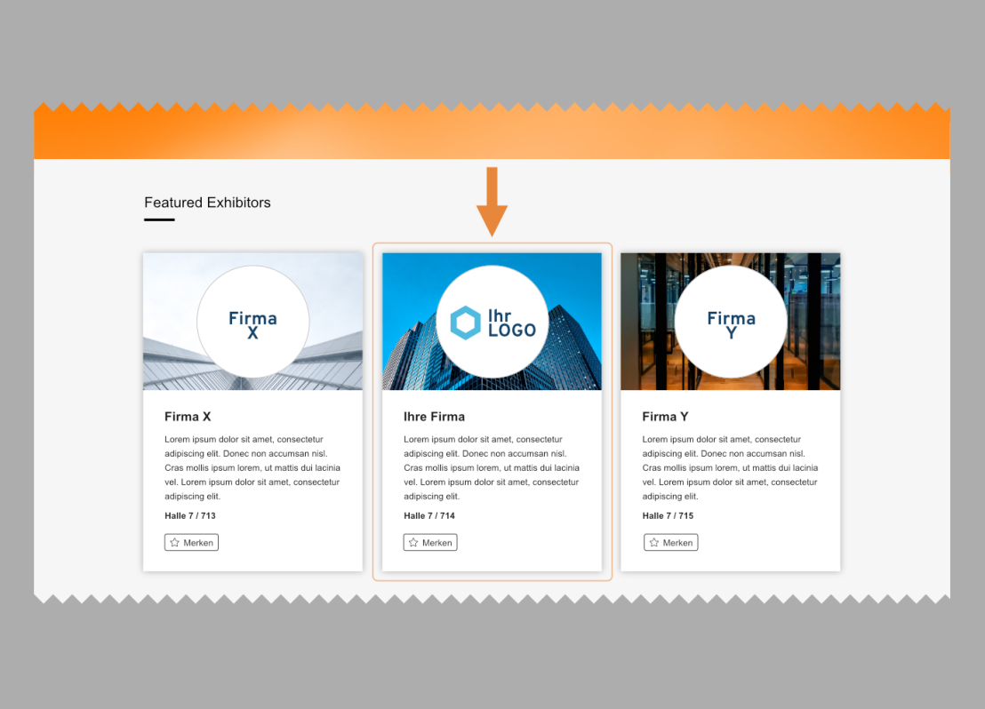 Darstellung eines Abschnitts mit vorgestellten Ausstellenden auf einer Messeplattform. Drei Kacheln mit Firmennamen, Logos und kurzen Beschreibungen sind sichtbar, die mittlere ist hervorgehoben.