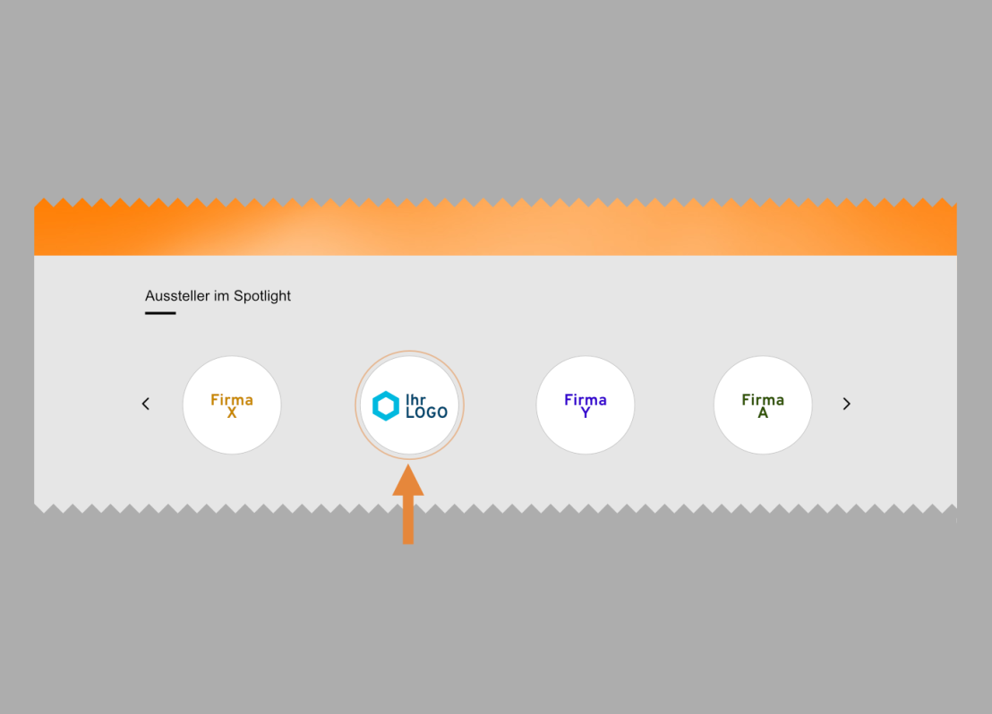 Darstellung eines „Aussteller im Spotlight“-Bereichs mit Firmenlogos. Ein zentrales Logo ist hervorgehoben und wird mit einem orangefarbenen Pfeil markiert.