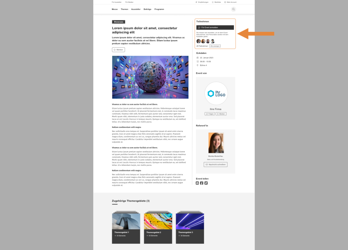 Eine Webseite mit Details zu einem Messe-Event. Oben rechts gibt es eine Box zur Anmeldung für die Teilnahme, in der mehrere Profilbilder sichtbar sind.