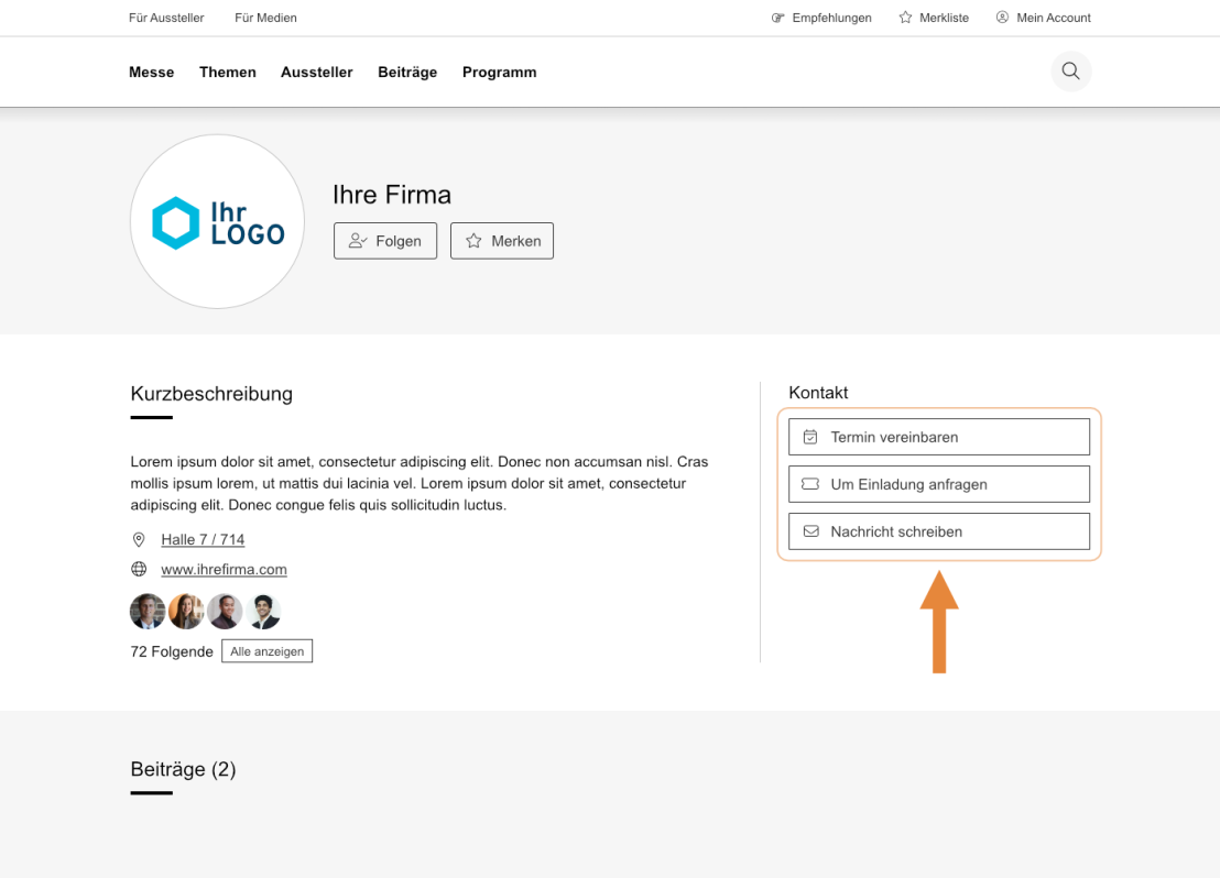 Unternehmensprofil mit Kontaktmöglichkeiten: Terminvereinbarung, Einladung anfordern und Nachricht schreiben.